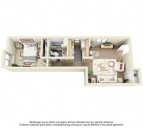 Floor plan for 1 bed, 1 bath, 562 sqft